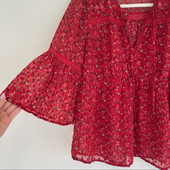 LUCKY BRAND Red Floral Chiffon BOHO Top - Picture 10 of 12